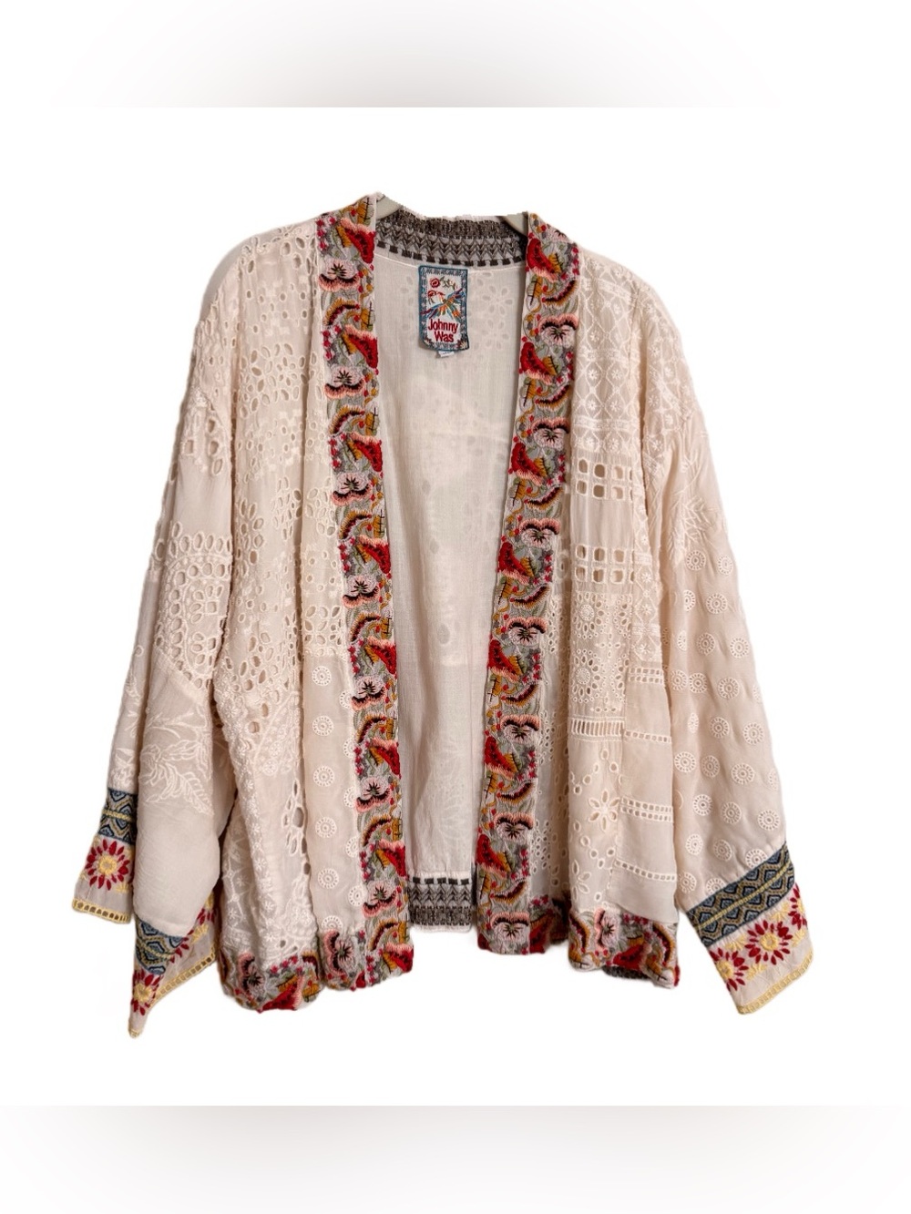 Johnny Was Isolde Floral Embroidered Eyelet Patchwork Kimono Top Cardigan Size L